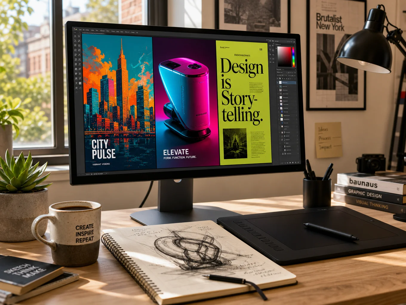 Digital artist refining typography on a high-end workstation