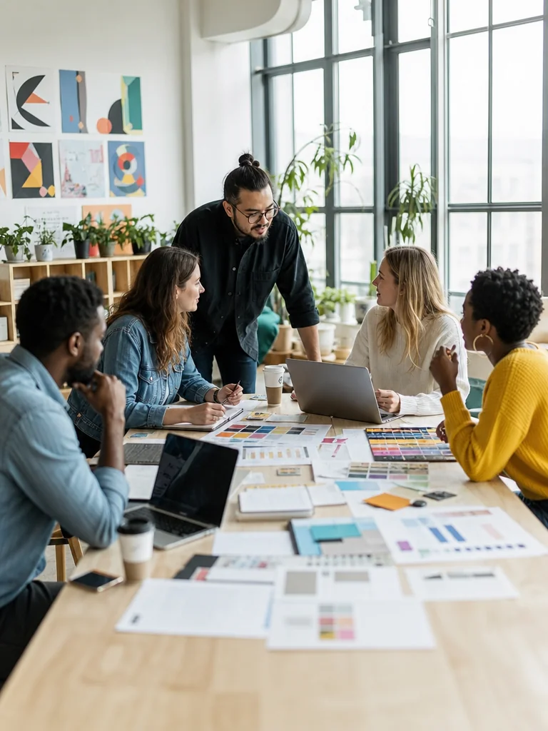 Team members collaborating in a bright, airy studio space