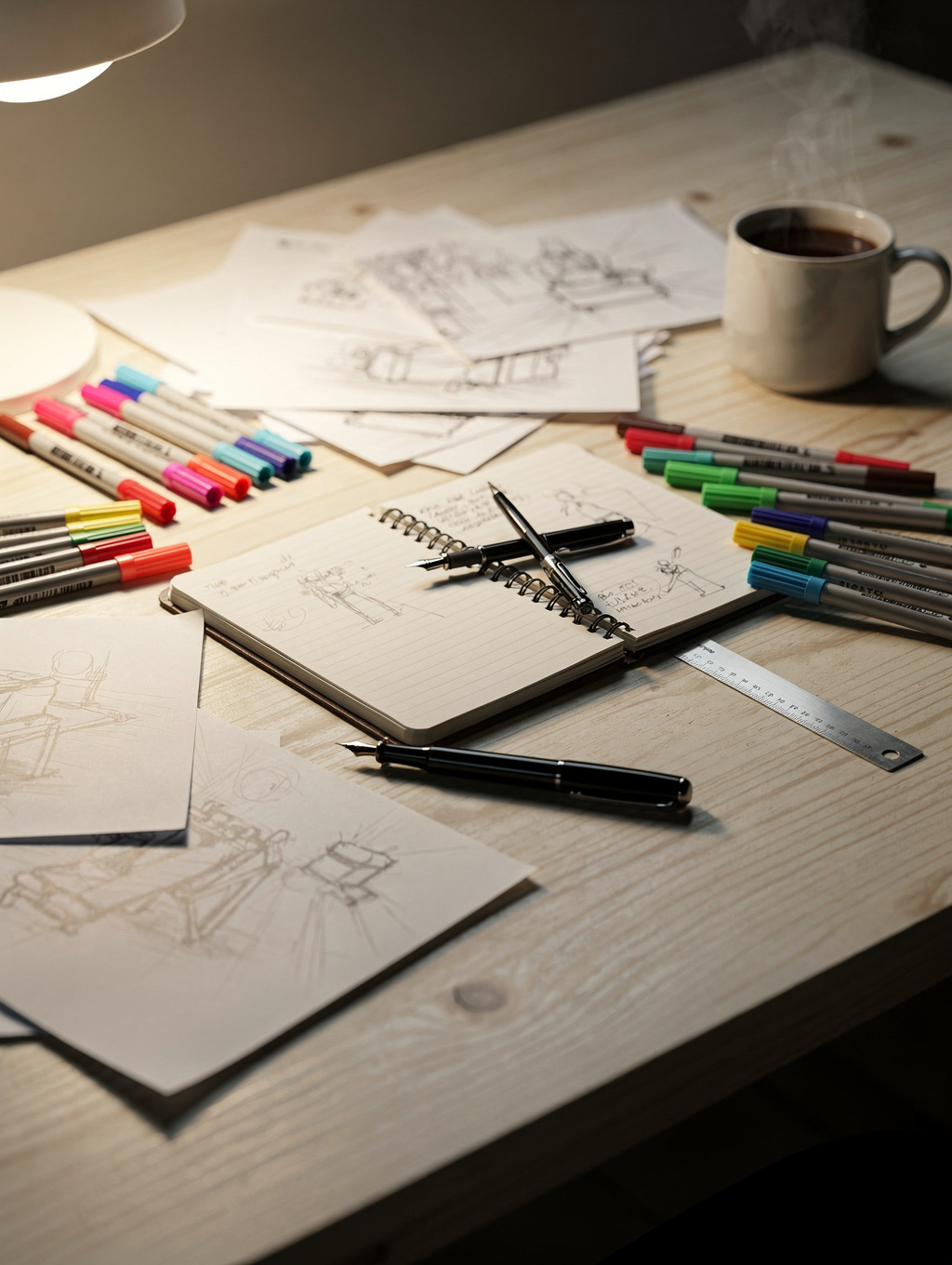 Hand-drawn sketches and architectural plans on a clean studio desk